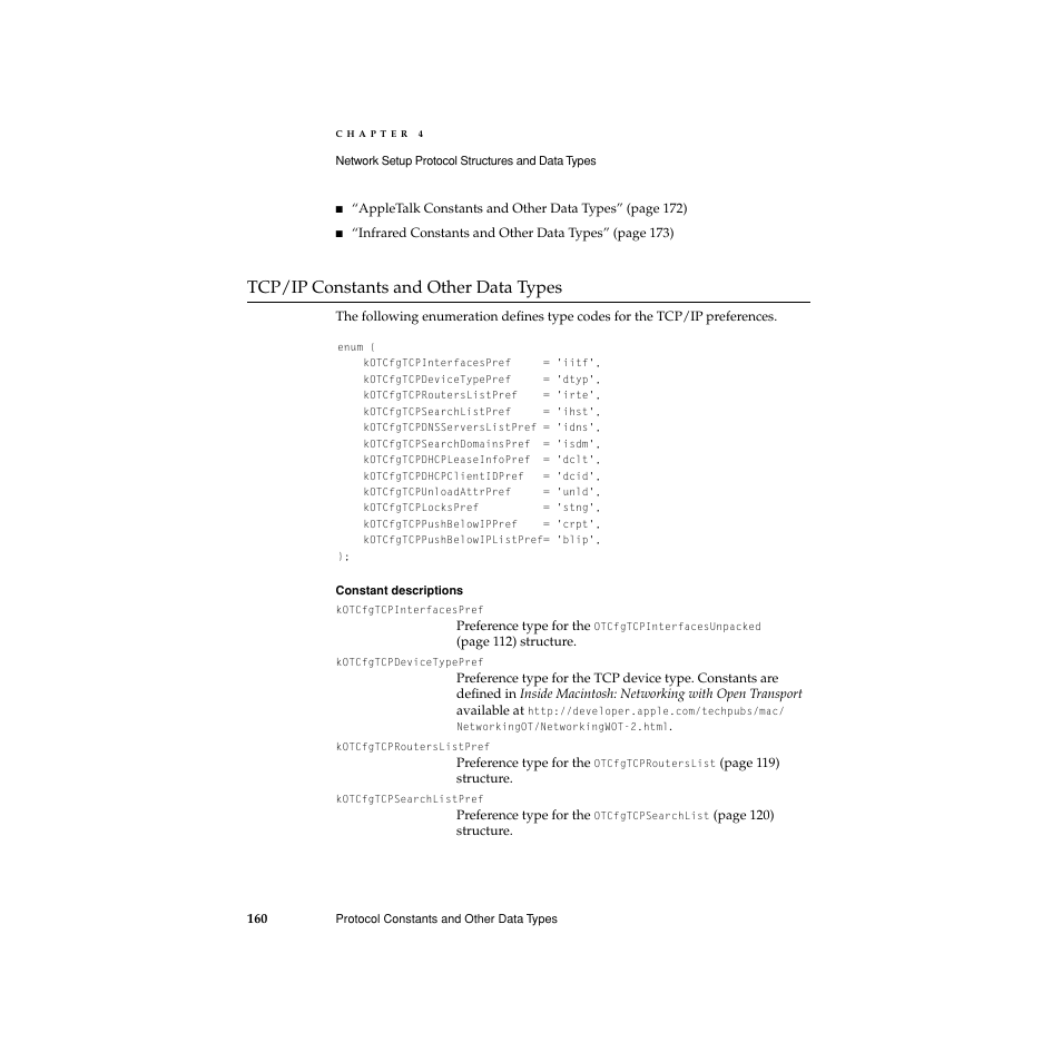 Tcp/ip constants and other data types, In the section “tcp/ip, Tcp/ip constants and other data types 4 | Apple Network Setup User Manual | Page 160 / 184