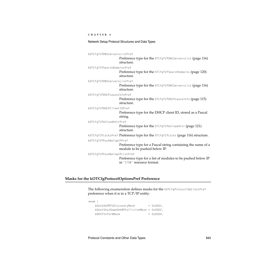 Masks for the kotcfgprotocoloptionspref preference | Apple Network Setup User Manual | Page 161 / 184