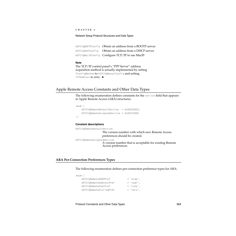 Apple remote access constants and other data types, Ara per-connection preferences types, In the section “apple remote access constants and | In the section “apple remote access | Apple Network Setup User Manual | Page 163 / 184