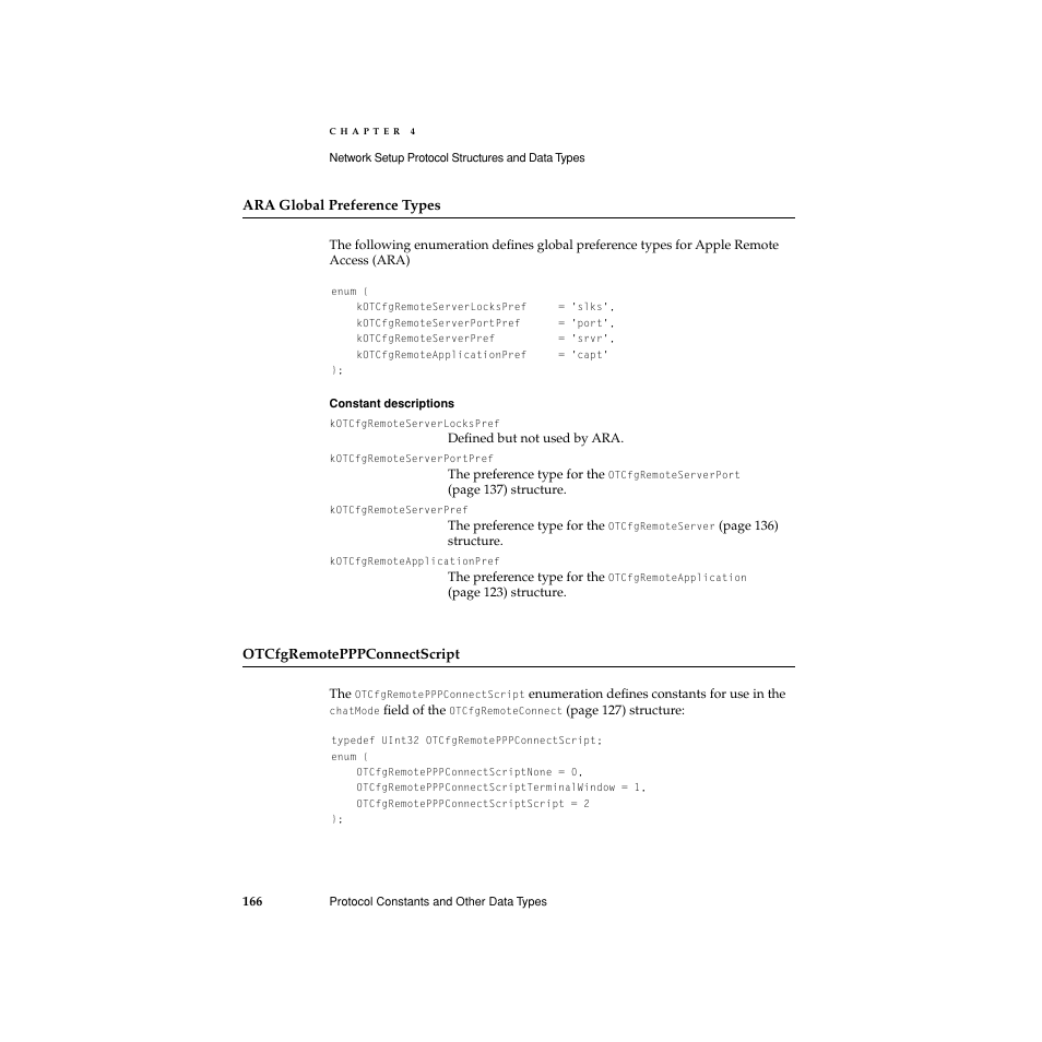 Ara global preference types, Otcfgremotepppconnectscript | Apple Network Setup User Manual | Page 166 / 184