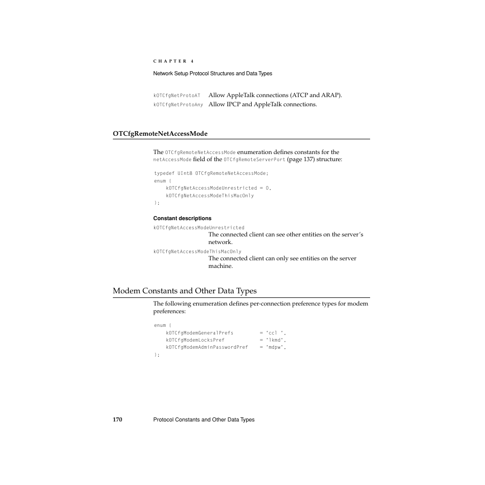 Otcfgremotenetaccessmode, Modem constants and other data types, Modem constants and other data types 4 | Apple Network Setup User Manual | Page 170 / 184