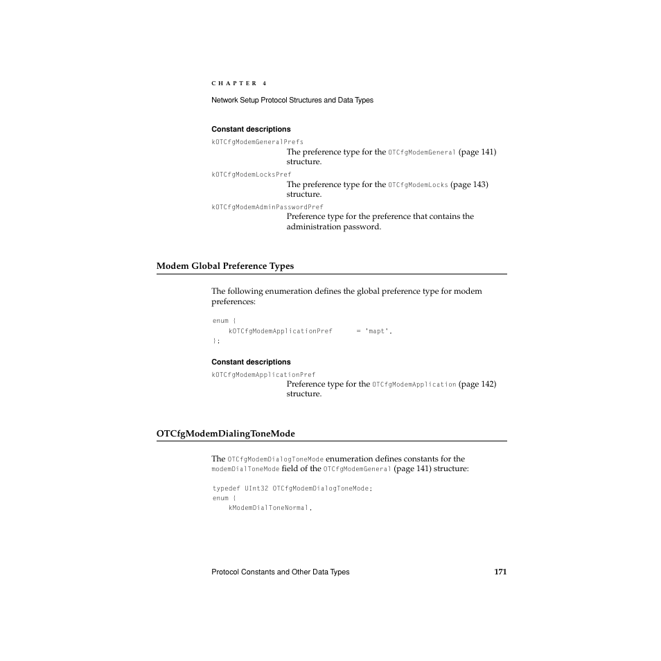 Modem global preference types, Otcfgmodemdialingtonemode | Apple Network Setup User Manual | Page 171 / 184