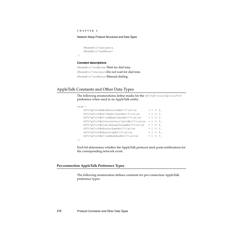 Appletalk constants and other data types, Per-connection appletalk preference types, Appletalk constants and other data types 4 | Apple Network Setup User Manual | Page 172 / 184