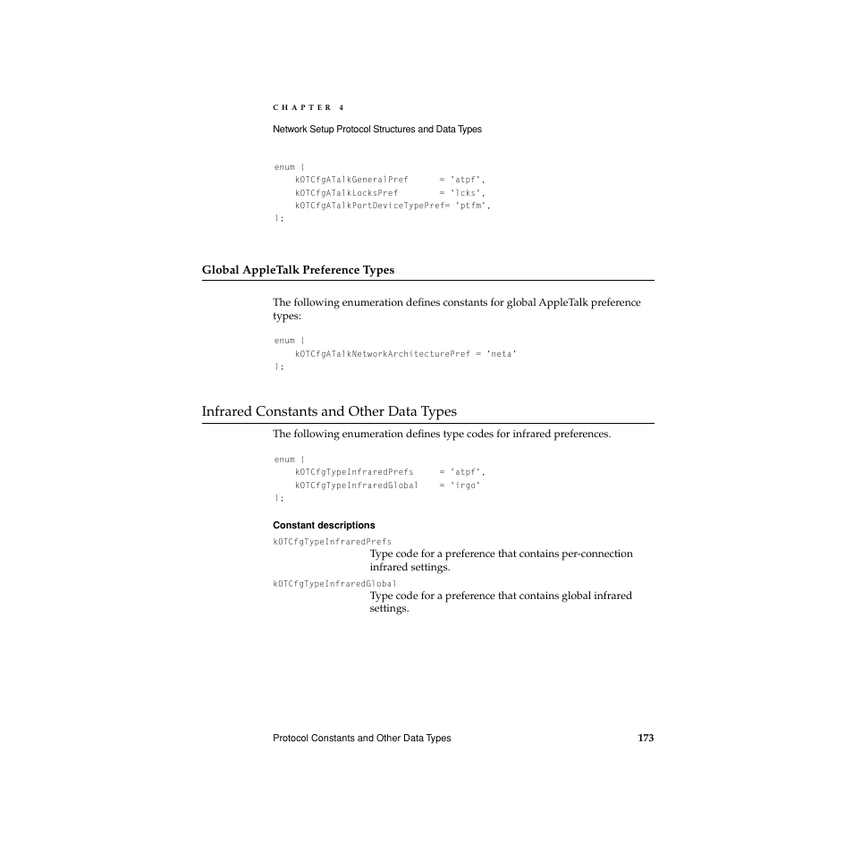 Global appletalk preference types, Infrared constants and other data types, Infrared constants and other data types 4 | Apple Network Setup User Manual | Page 173 / 184