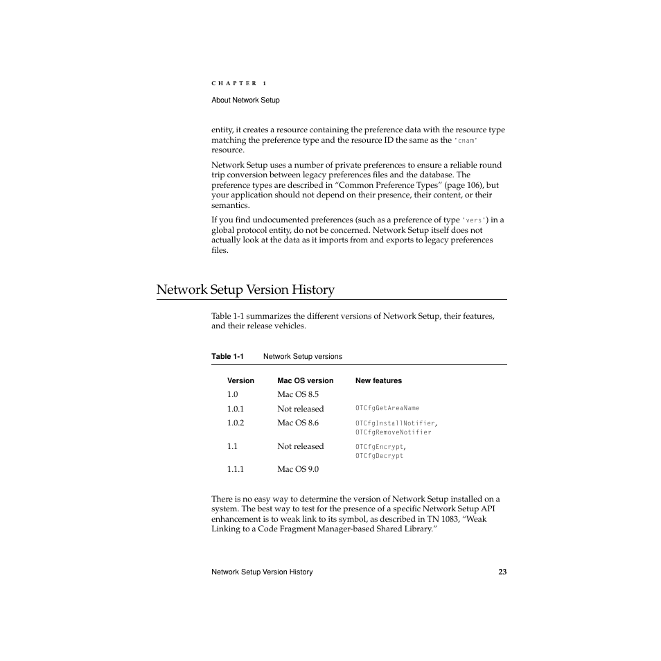 Network setup version history, Table 1-1, Network setup version history 1 | Apple Network Setup User Manual | Page 23 / 184