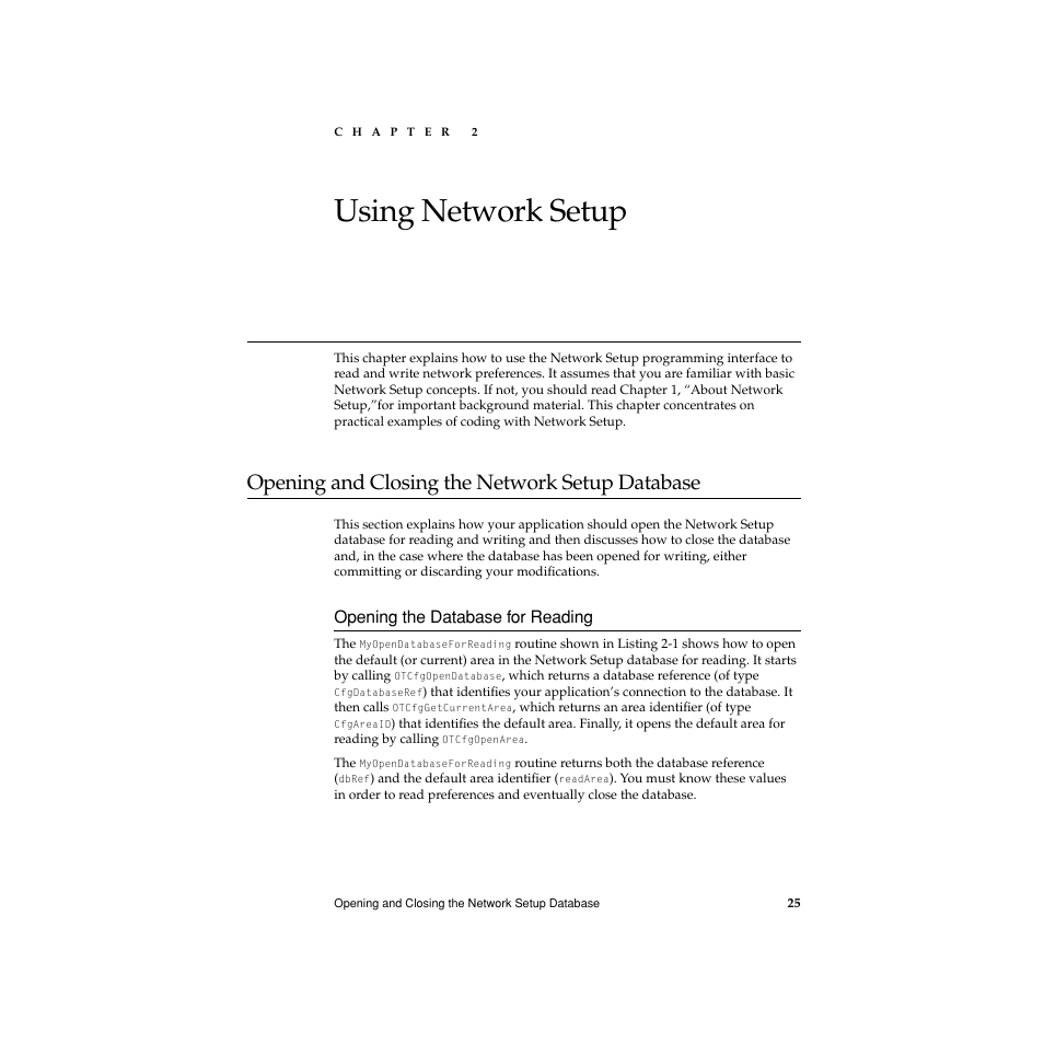 Using network setup, Opening and closing the network setup database, Opening the database for reading | Chapter 2, Using network setup 2, Opening and closing the network setup database 2 | Apple Network Setup User Manual | Page 25 / 184