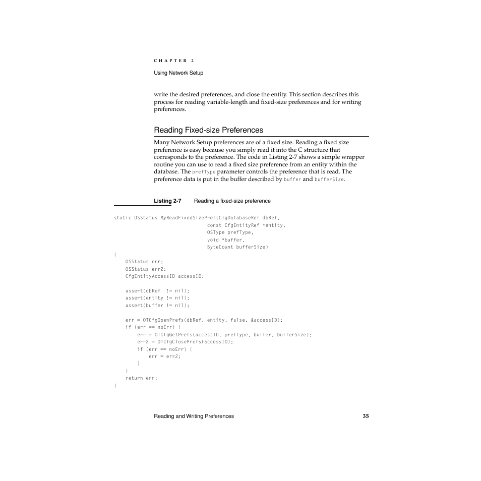 Reading fixed-size preferences, Listing 2-7, Reading fixed-size preferences 2 | Apple Network Setup User Manual | Page 35 / 184
