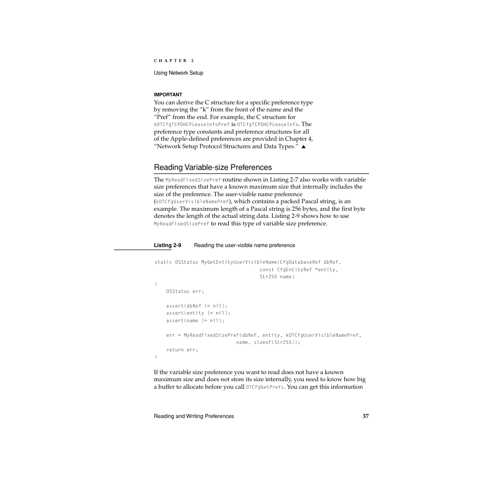Reading variable-size preferences, Listing 2-9, Reading variable-size preferences 2 | Apple Network Setup User Manual | Page 37 / 184