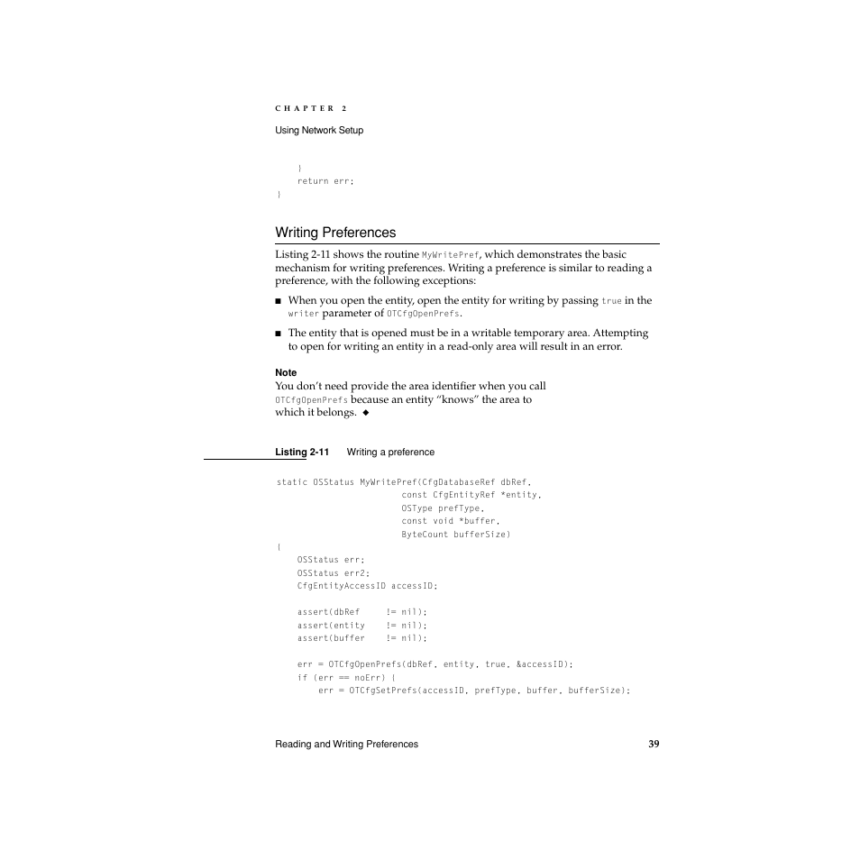 Writing preferences, Listing 2-11, Writing preferences 2 | Apple Network Setup User Manual | Page 39 / 184