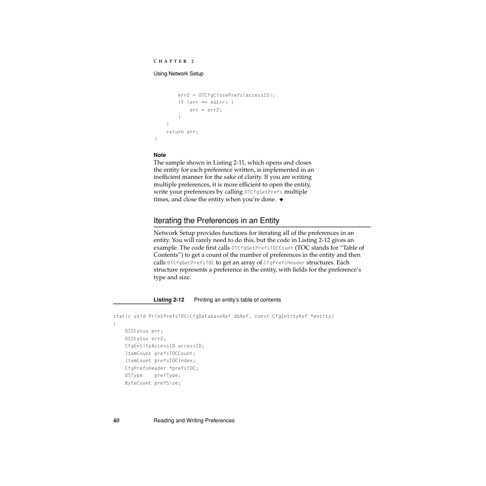 Iterating the preferences in an entity, Listing 2-12, Iterating the preferences in an entity 2 | Apple Network Setup User Manual | Page 40 / 184