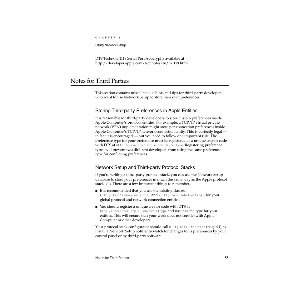Notes for third parties, Storing third-party preferences in apple entities, Network setup and third-party protocol stacks | Apple Network Setup User Manual | Page 55 / 184