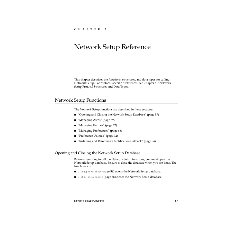 Network setup reference, Network setup functions, Opening and closing the network setup database | Chapter 3, Network setup reference 3, Network setup functions 3 | Apple Network Setup User Manual | Page 57 / 184