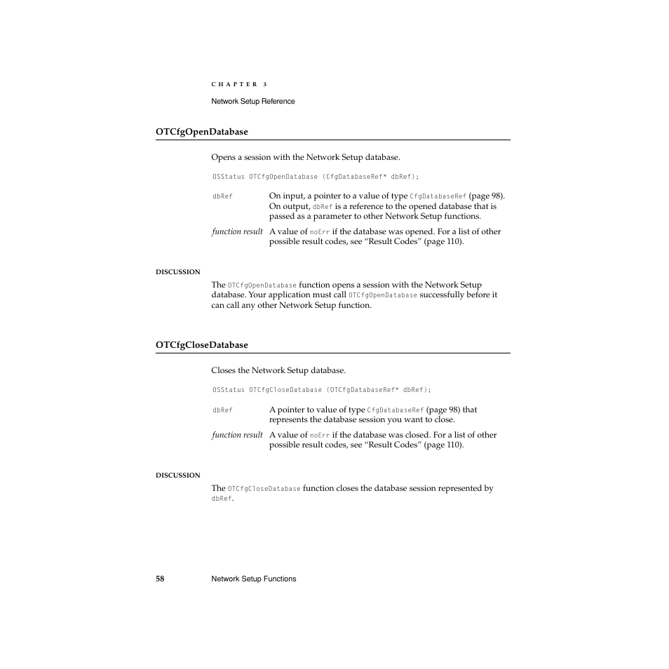 Otcfgopendatabase, Otcfgclosedatabase | Apple Network Setup User Manual | Page 58 / 184