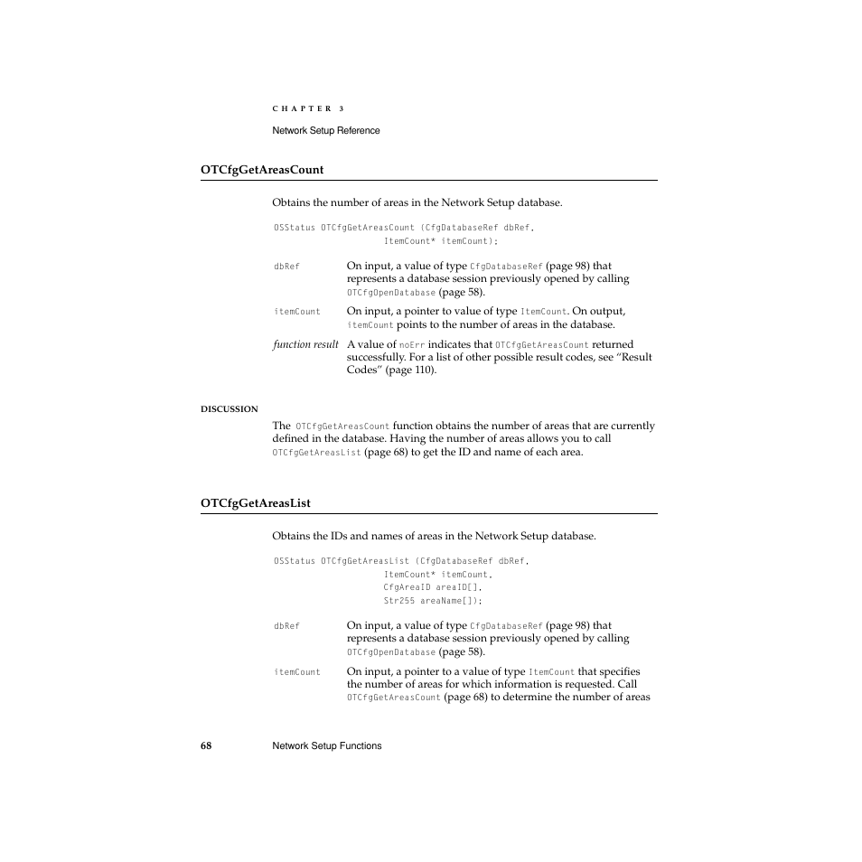 Otcfggetareascount, Otcfggetareaslist | Apple Network Setup User Manual | Page 68 / 184