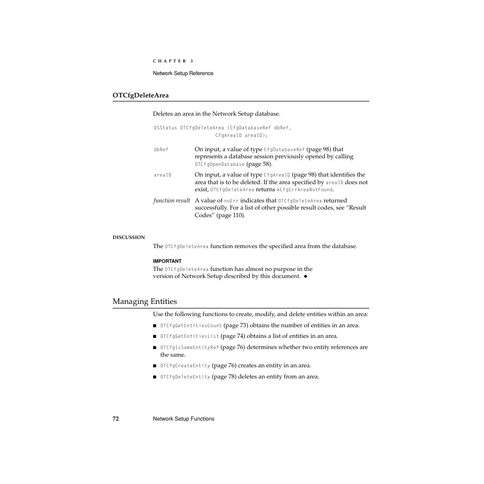 Otcfgdeletearea, Managing entities, Managing entities 3 | Apple Network Setup User Manual | Page 72 / 184