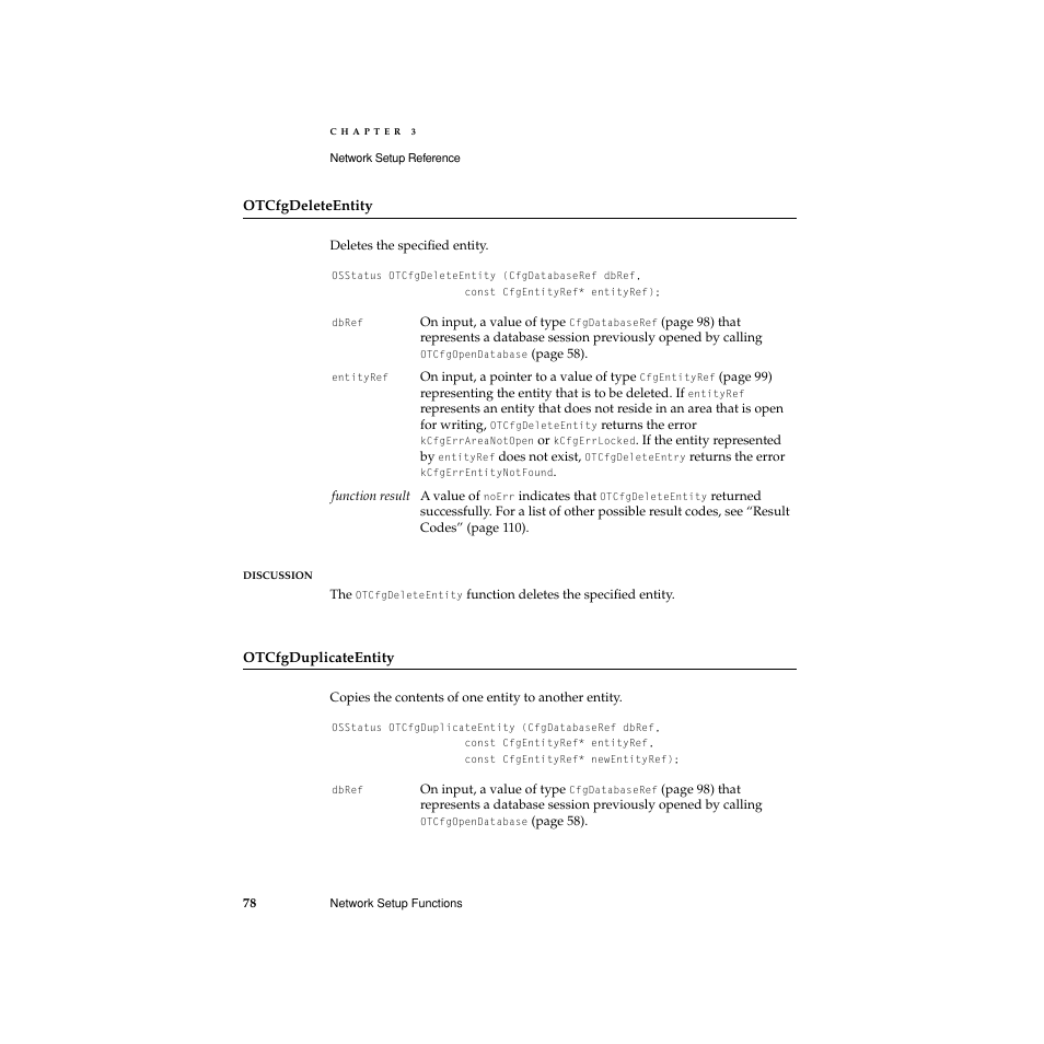 Otcfgdeleteentity, Otcfgduplicateentity | Apple Network Setup User Manual | Page 78 / 184