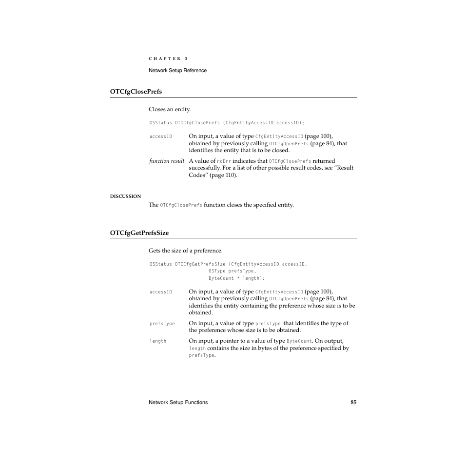 Otcfgcloseprefs, Otcfggetprefssize | Apple Network Setup User Manual | Page 85 / 184
