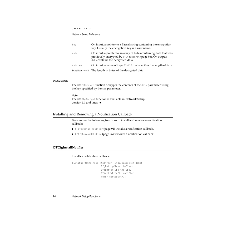 Installing and removing a notification callback, Otcfginstallnotifier, Installing and removing a notification callback 3 | Apple Network Setup User Manual | Page 94 / 184