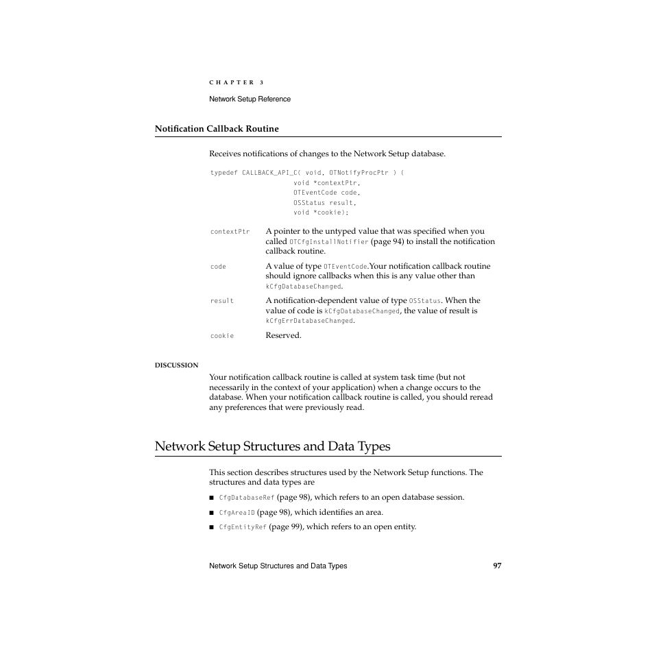 Notification callback routine, Network setup structures and data types, Network setup structures and data types 3 | Apple Network Setup User Manual | Page 97 / 184