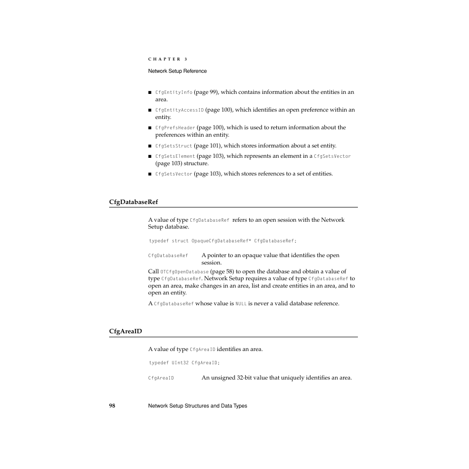 Cfgdatabaseref, Cfgareaid, On input, a pointer to a value of type | On input, a value of type, On input, a pointer to value of type | Apple Network Setup User Manual | Page 98 / 184