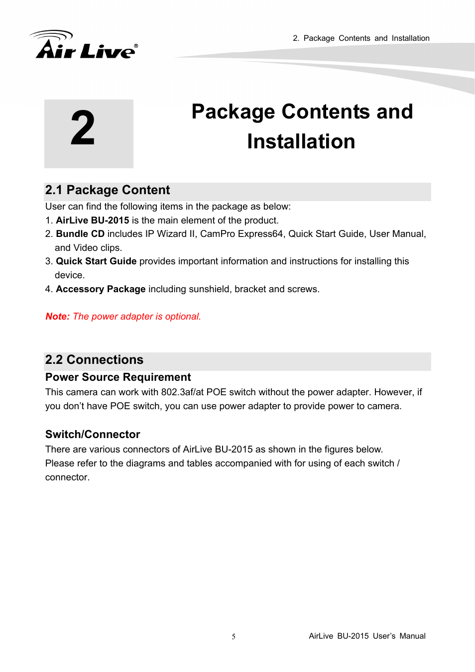Package contents and installation, 1 package content, 2 connections | AirLive BU-2015 User Manual | Page 10 / 46