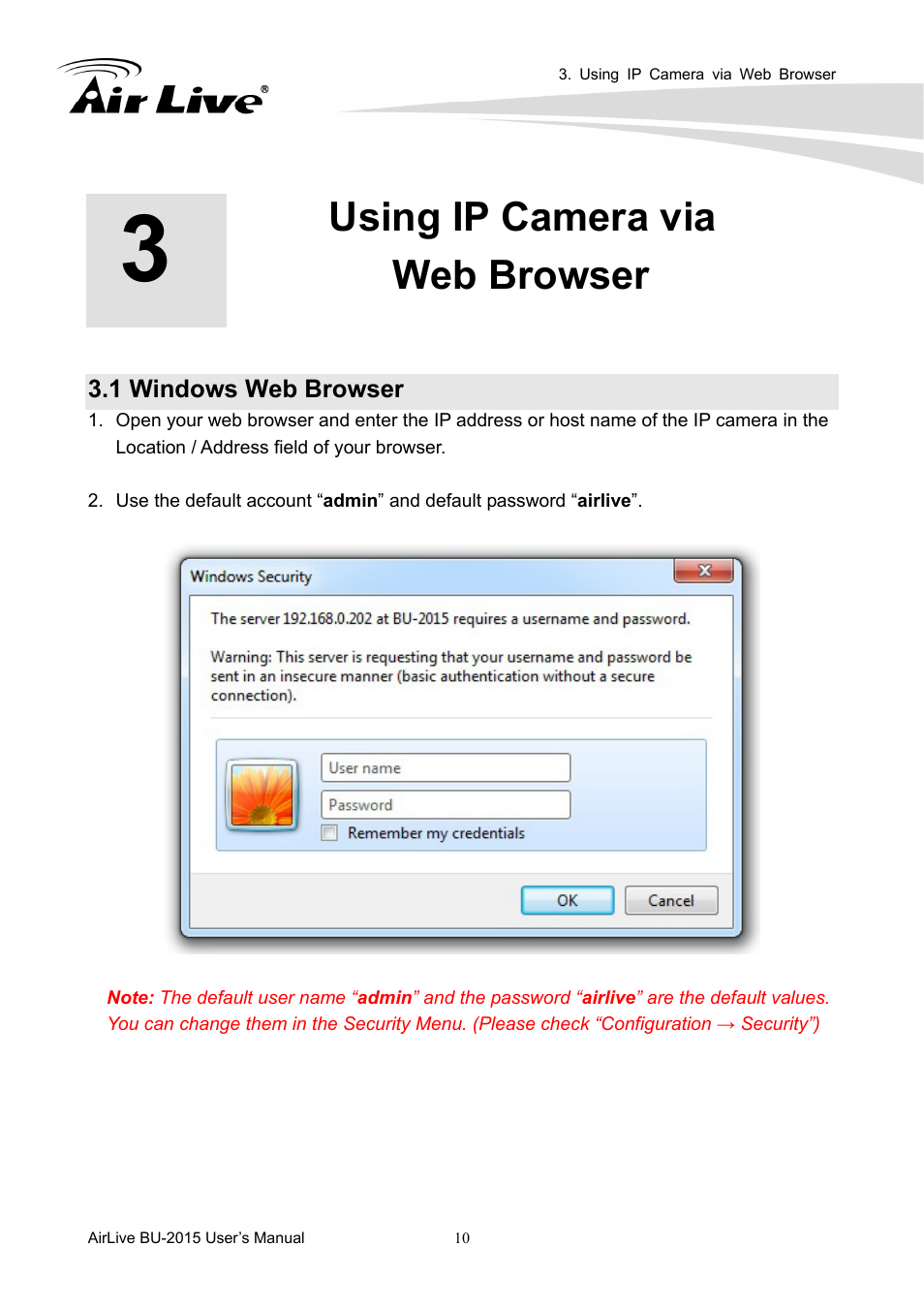 Using ip camera via web browser, 1 windows web browser | AirLive BU-2015 User Manual | Page 15 / 46