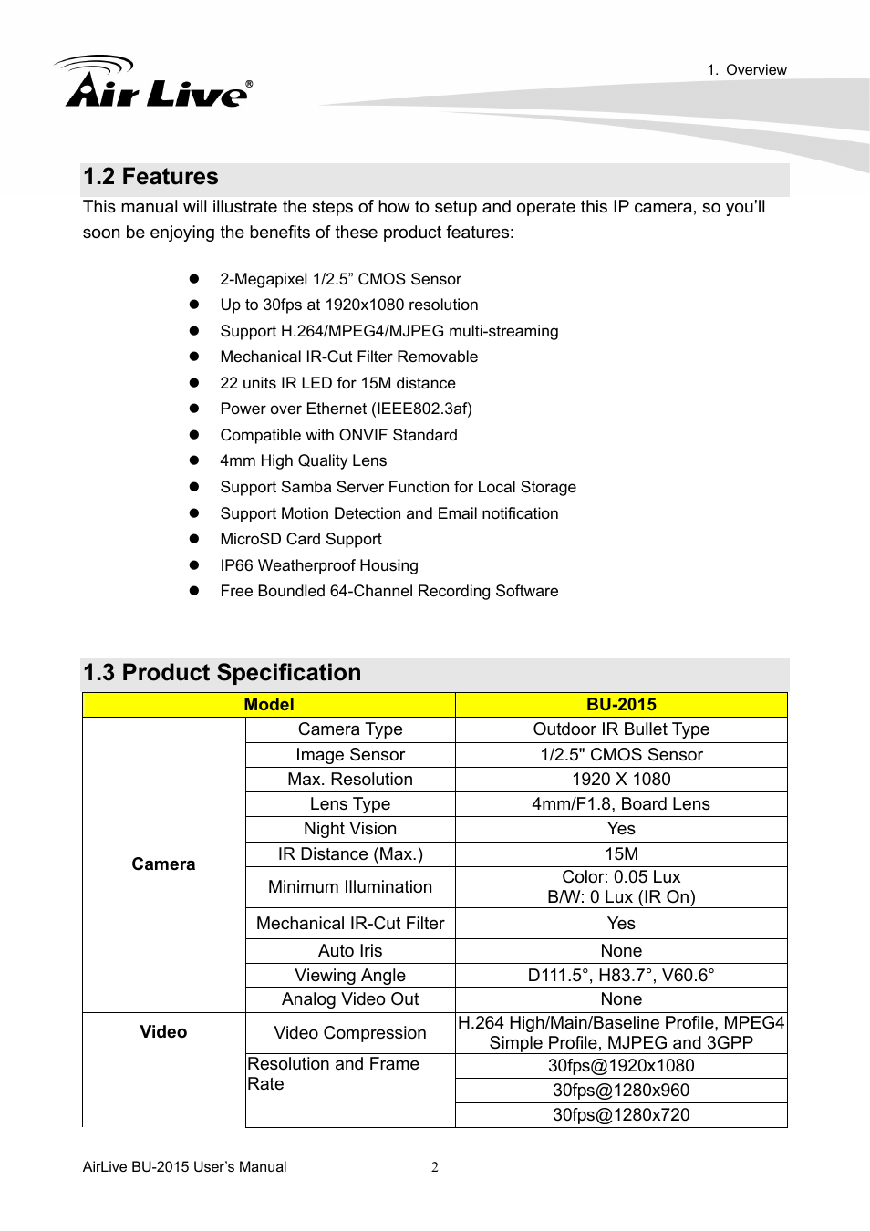 2 features, 3 product specification | AirLive BU-2015 User Manual | Page 7 / 46