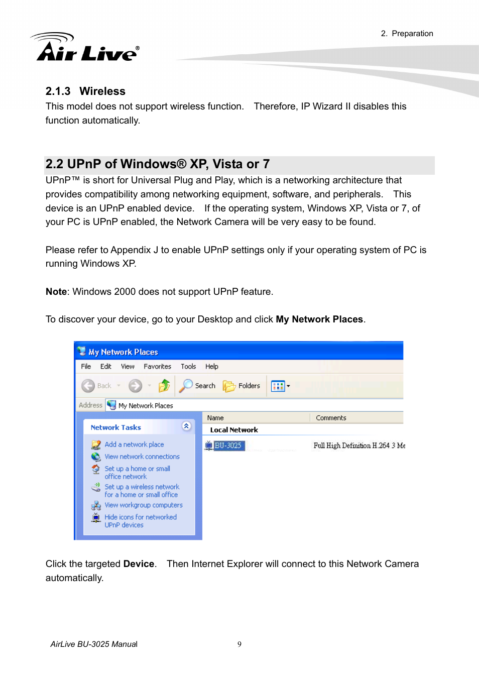 2 upnp of windows® xp, vista or 7, 3 wireless | AirLive BU-3025 User Manual | Page 15 / 74