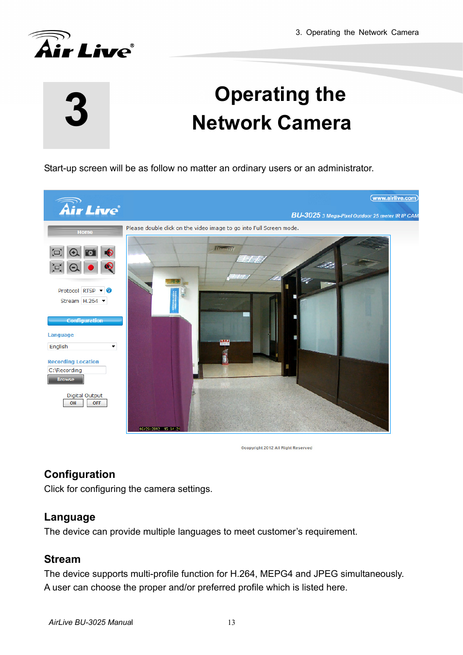 Operating thenetwork camera, Operating the network camera | AirLive BU-3025 User Manual | Page 19 / 74
