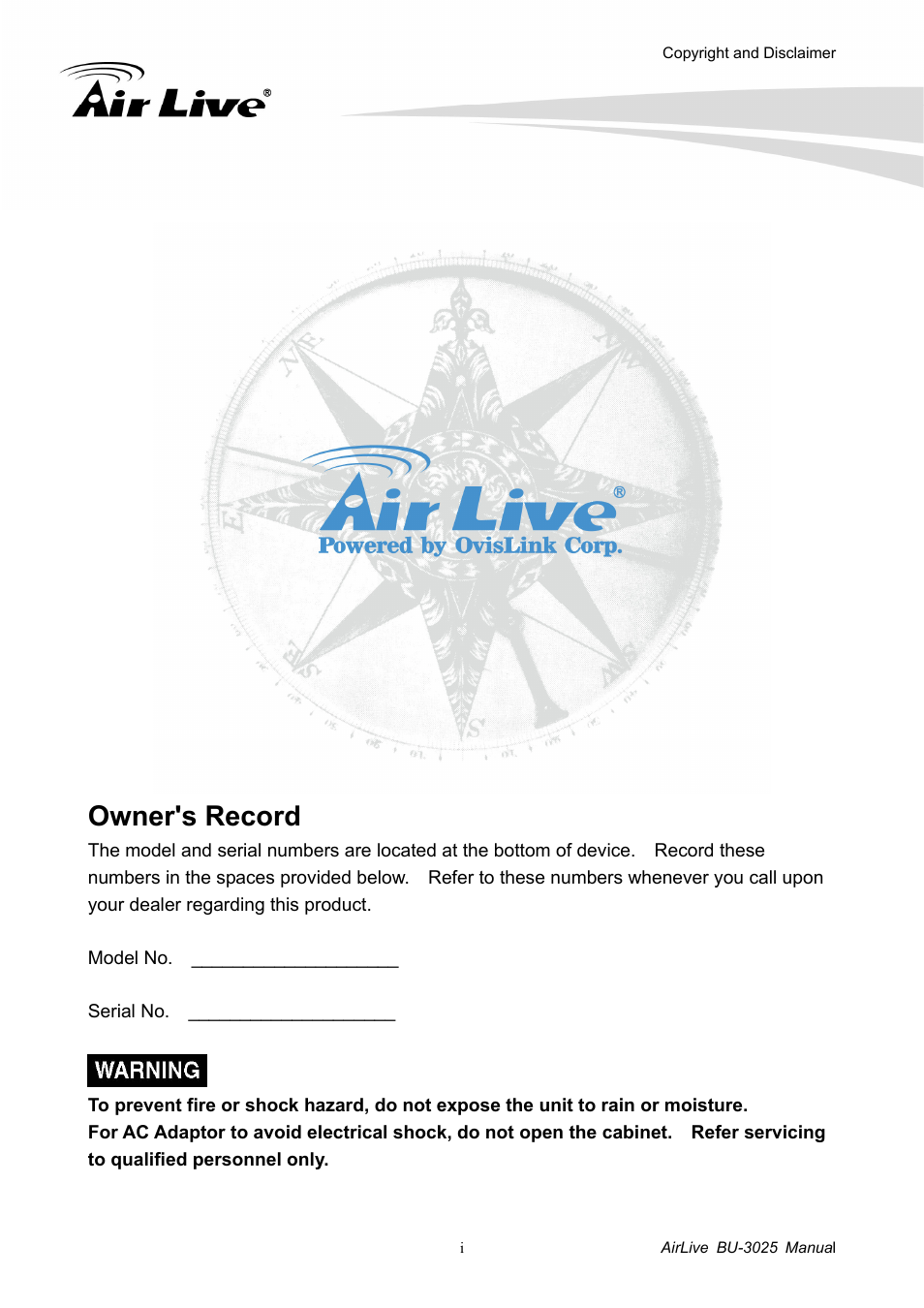 Owner's record | AirLive BU-3025 User Manual | Page 2 / 74