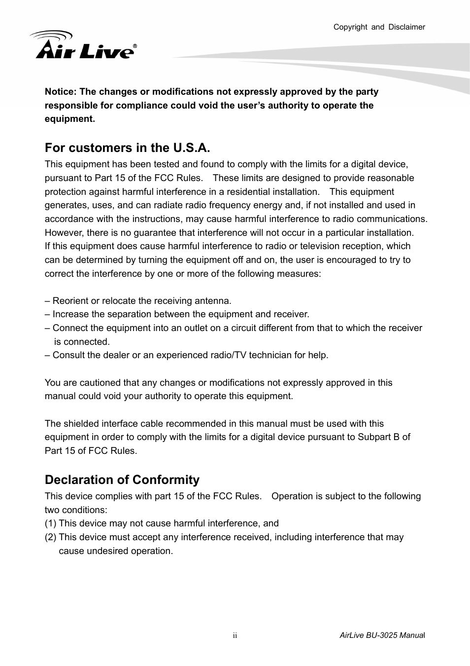 For customers in the u.s.a, Declaration of conformity | AirLive BU-3025 User Manual | Page 3 / 74