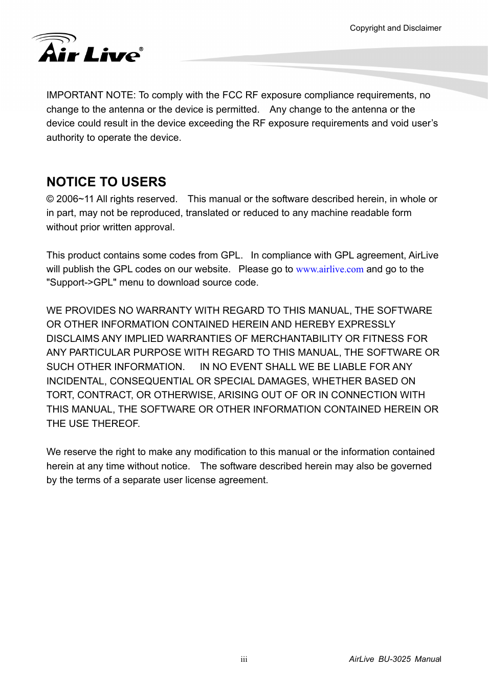 Notice to users | AirLive BU-3025 User Manual | Page 4 / 74