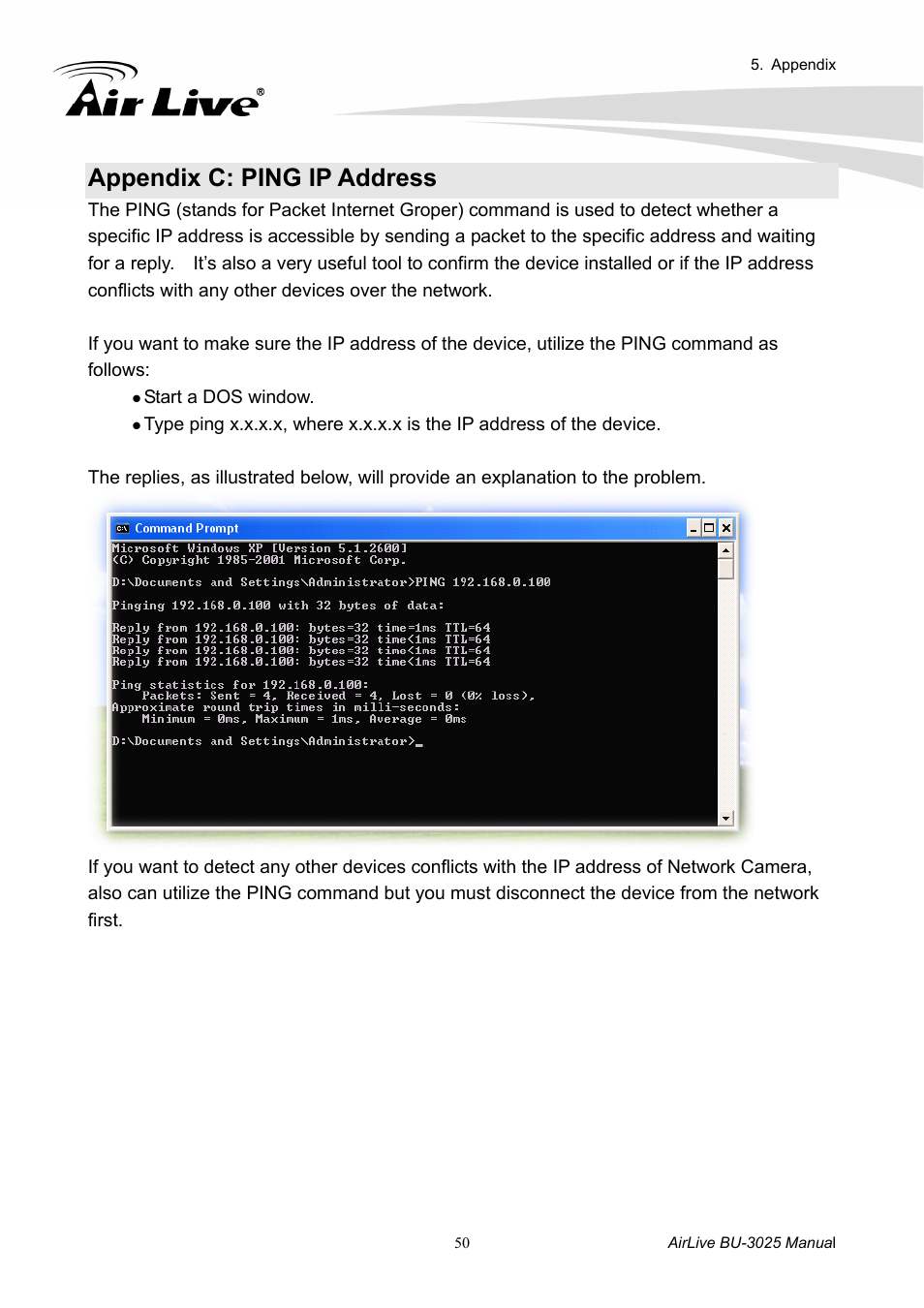 Appendix c: ping ip address | AirLive BU-3025 User Manual | Page 56 / 74