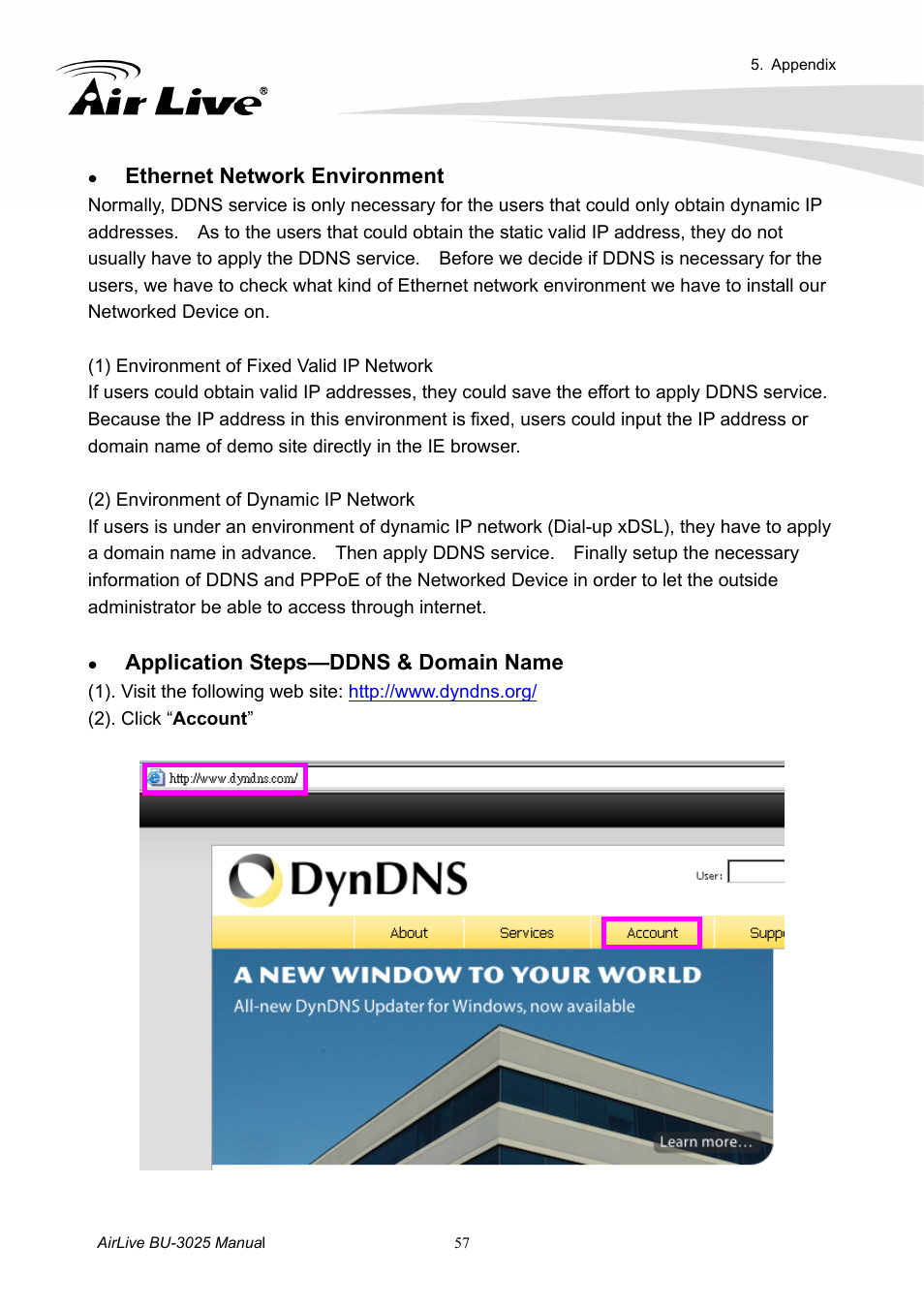 Ethernet network environment, Application steps—ddns & domain name | AirLive BU-3025 User Manual | Page 63 / 74