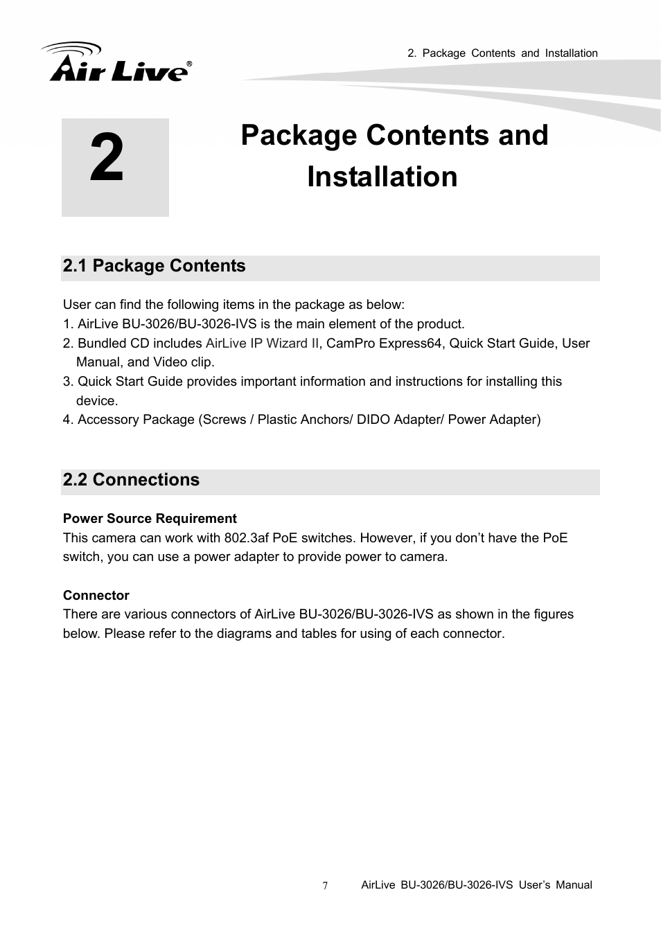 Package contents and installation, 1 package contents, 2 connections | AirLive BU-3026-IVS User Manual | Page 11 / 64