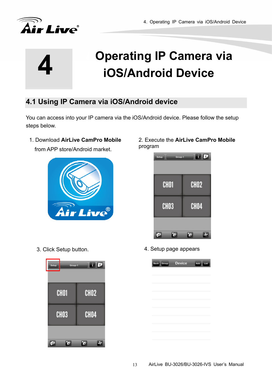 Operating ip camera via ios/android device, 1 using ip camera via ios/android device | AirLive BU-3026-IVS User Manual | Page 17 / 64