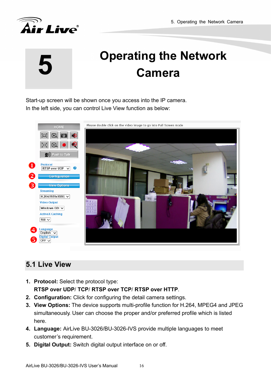Operating the network camera, 1 live view | AirLive BU-3026-IVS User Manual | Page 20 / 64