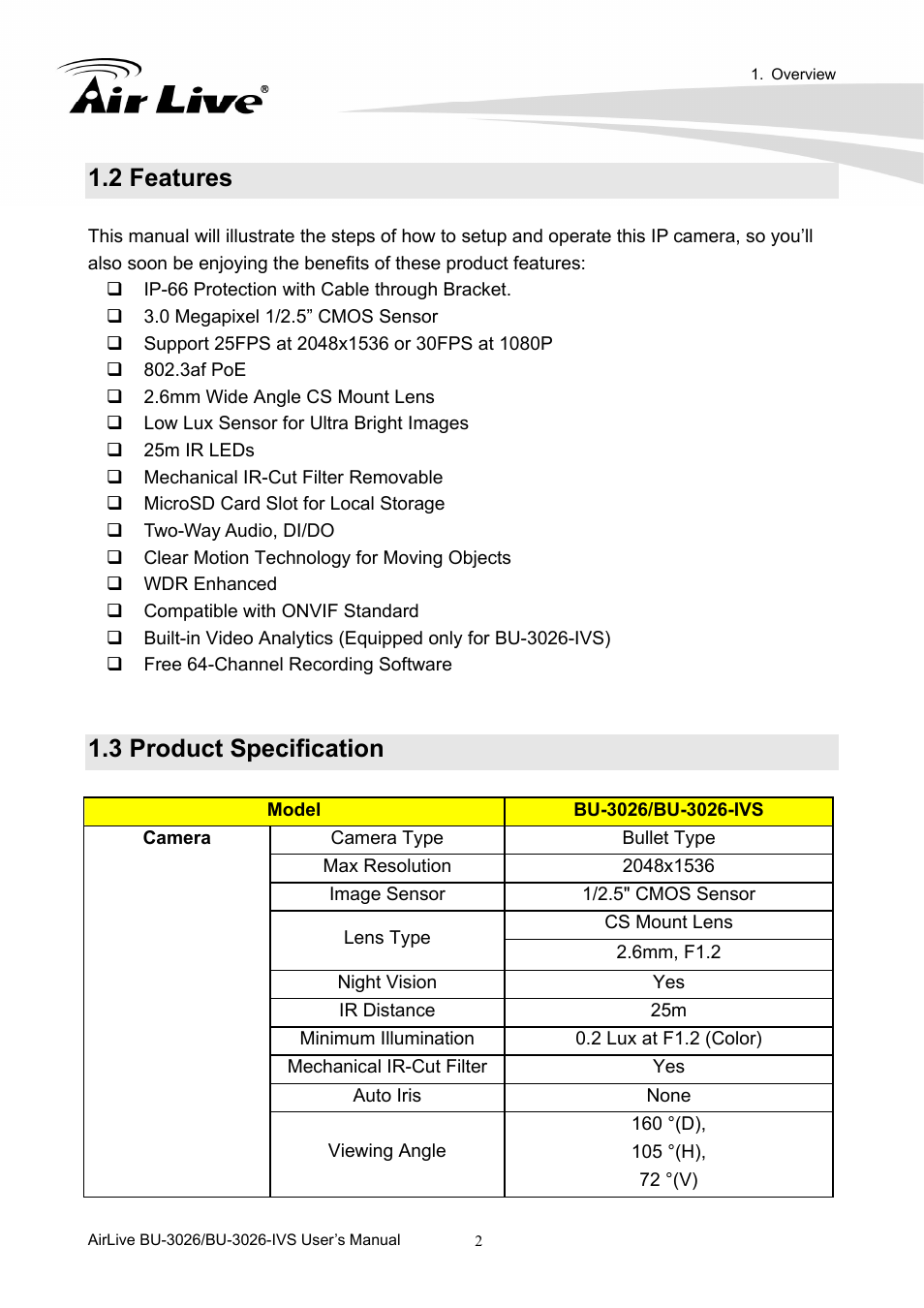 2 features, 3 product specification | AirLive BU-3026-IVS User Manual | Page 6 / 64