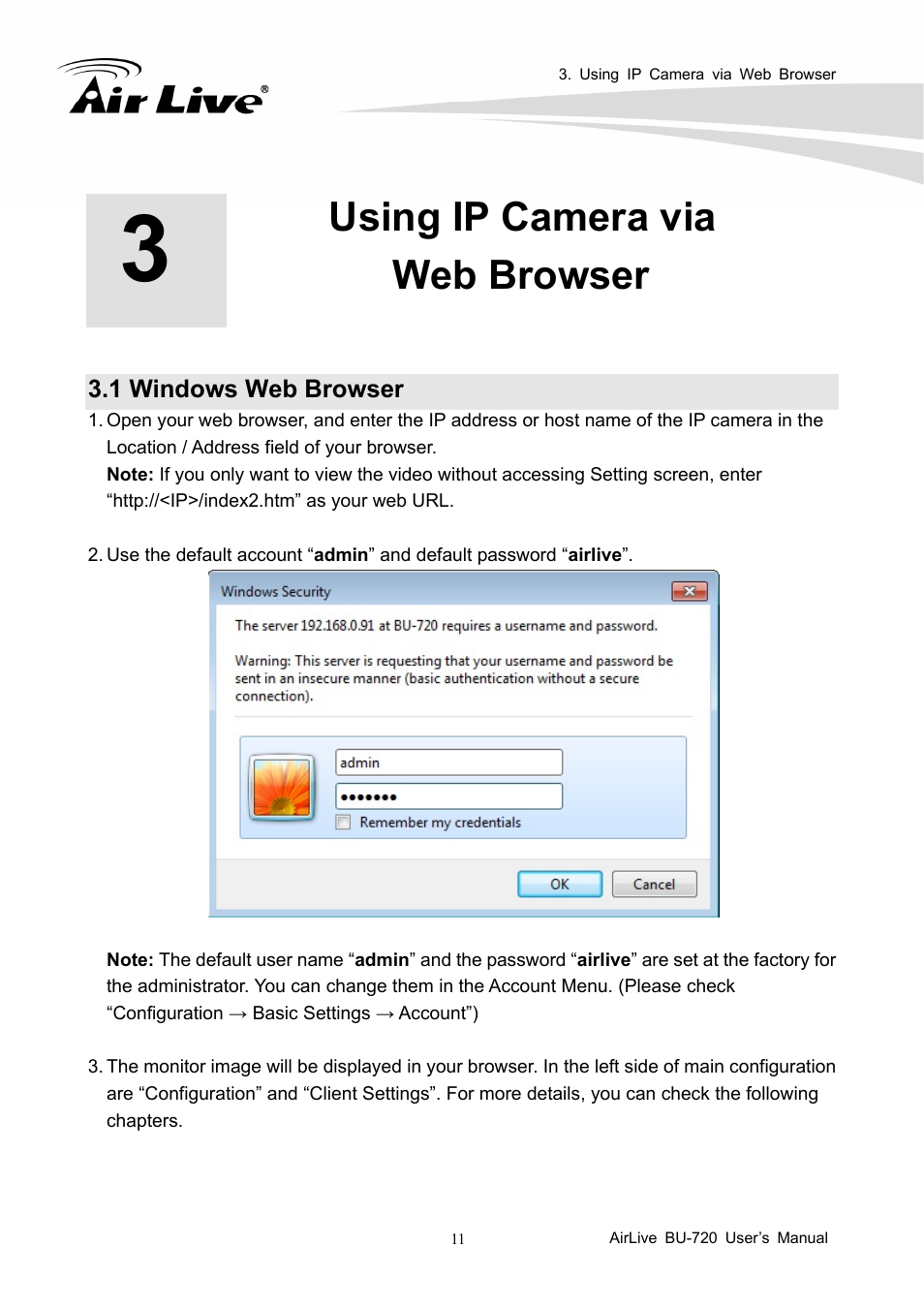Using ip camera via web browser, 1 windows web browser | AirLive BU-720 User Manual | Page 16 / 59