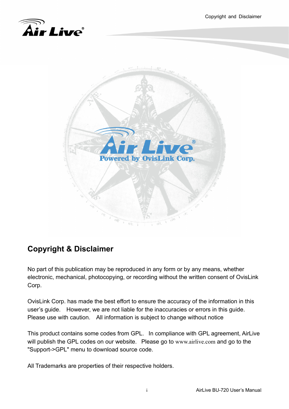 Copyright & disclaimer | AirLive BU-720 User Manual | Page 2 / 59