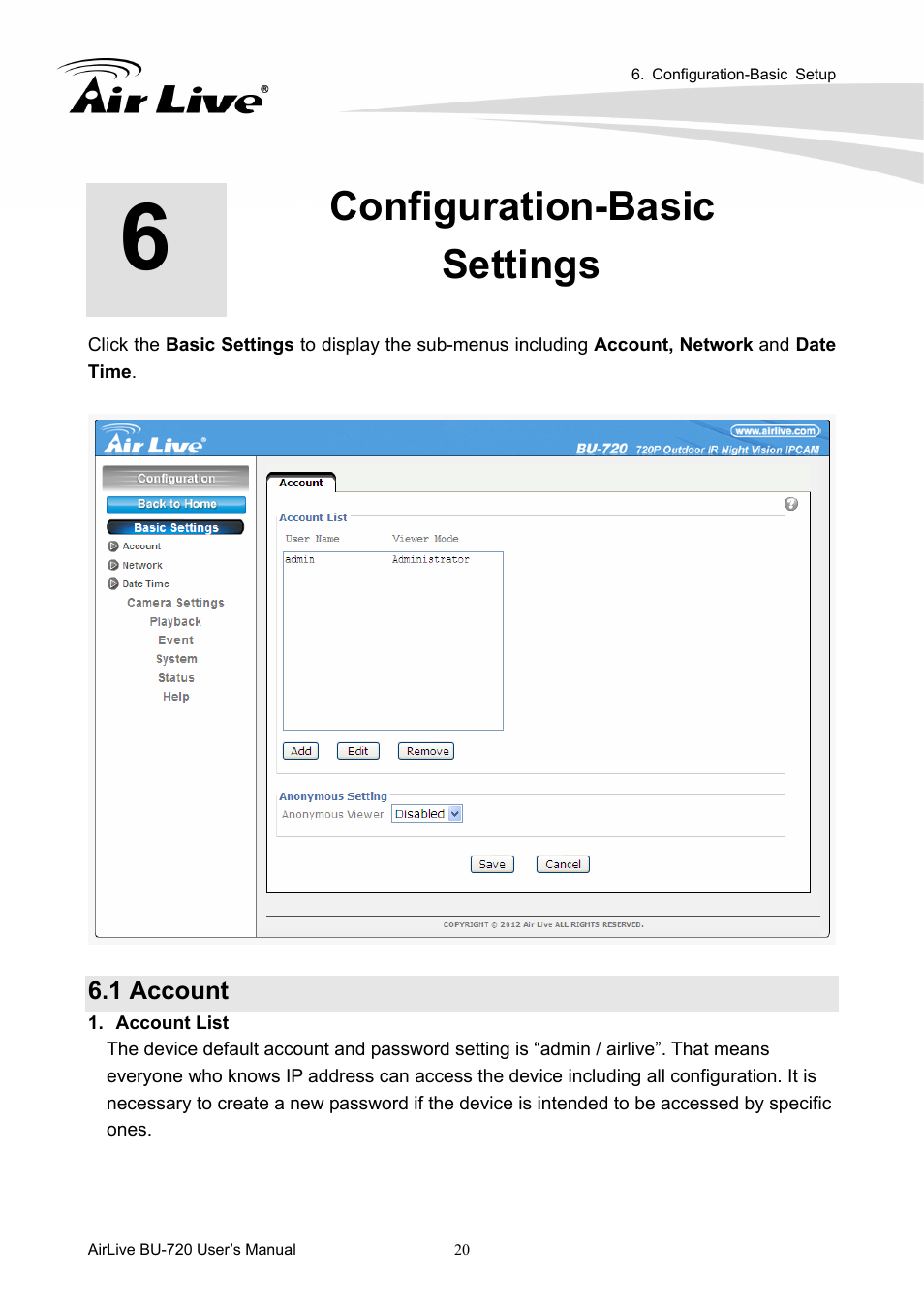 Configuration-basic settings, 1 account | AirLive BU-720 User Manual | Page 25 / 59