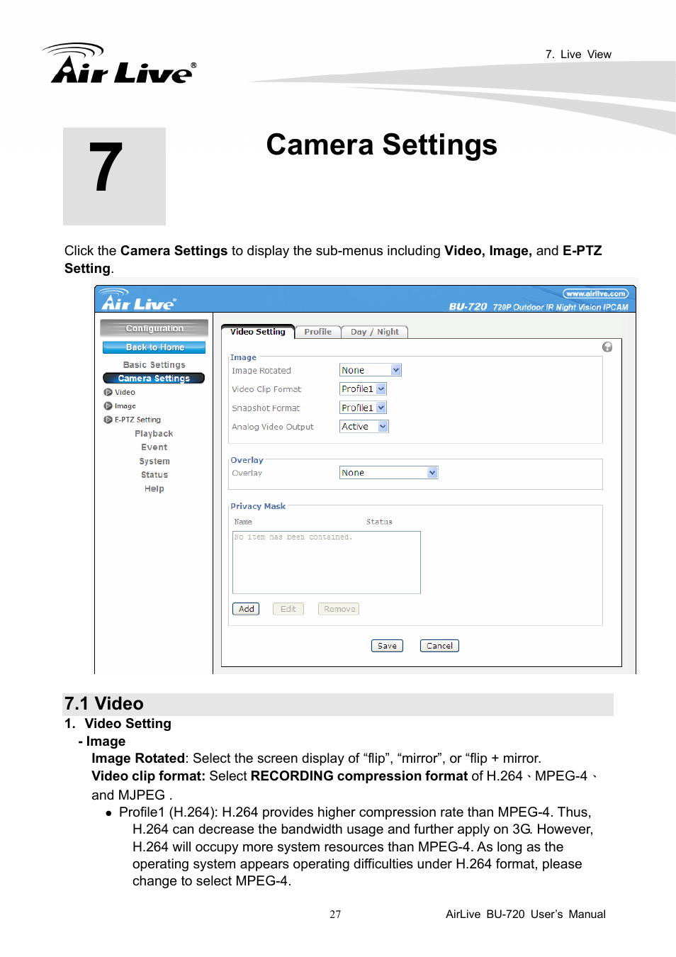 Camera settings, 1 video | AirLive BU-720 User Manual | Page 32 / 59