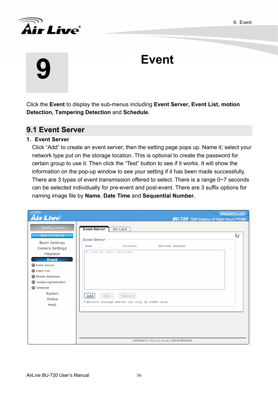 Event, 1 event server | AirLive BU-720 User Manual | Page 41 / 59