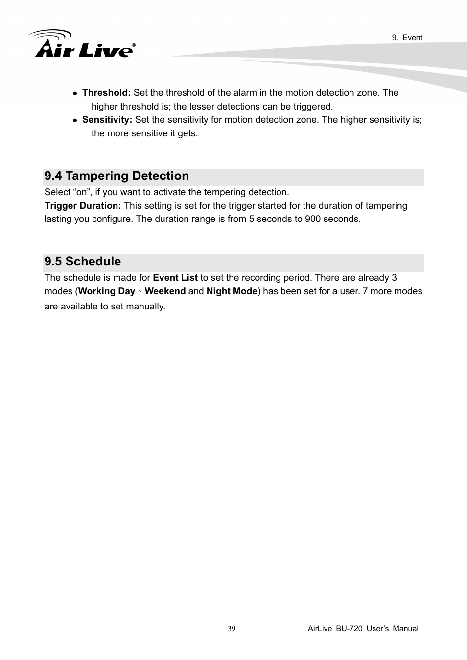 4 tampering detection, 5 schedule | AirLive BU-720 User Manual | Page 44 / 59