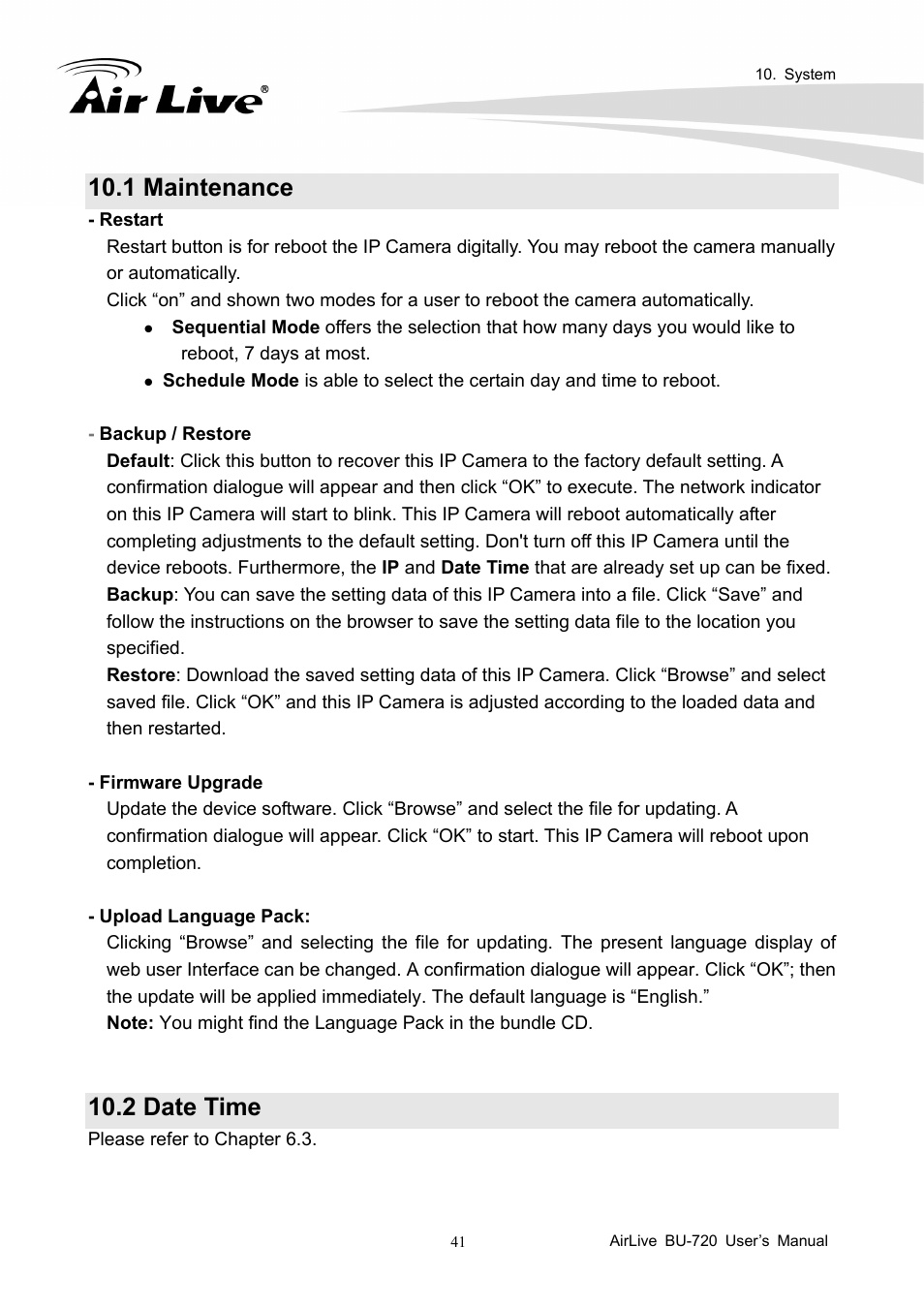 1 maintenance, 2 date time | AirLive BU-720 User Manual | Page 46 / 59