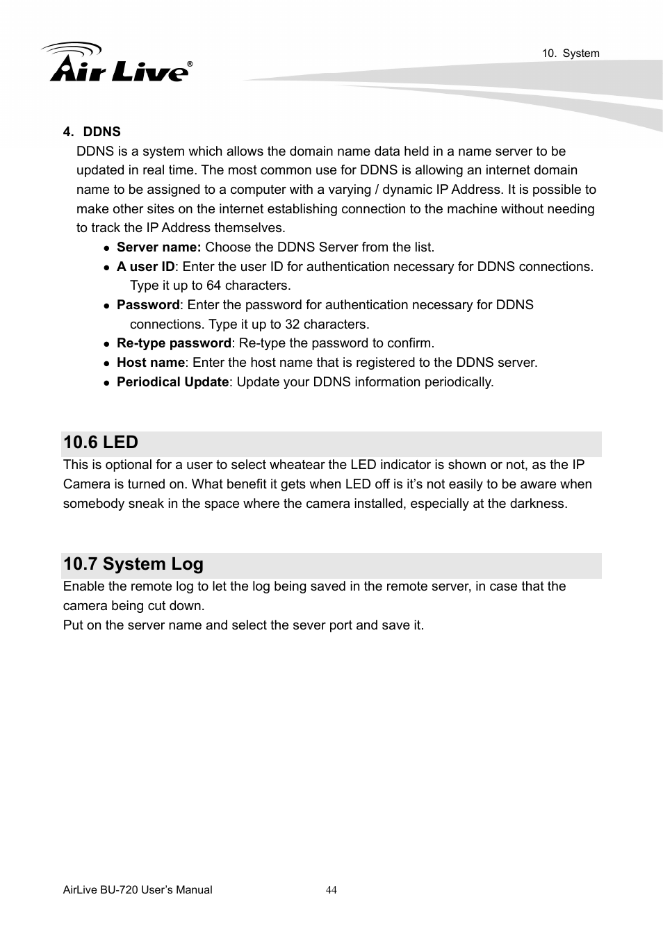 6 led, 7 system log | AirLive BU-720 User Manual | Page 49 / 59