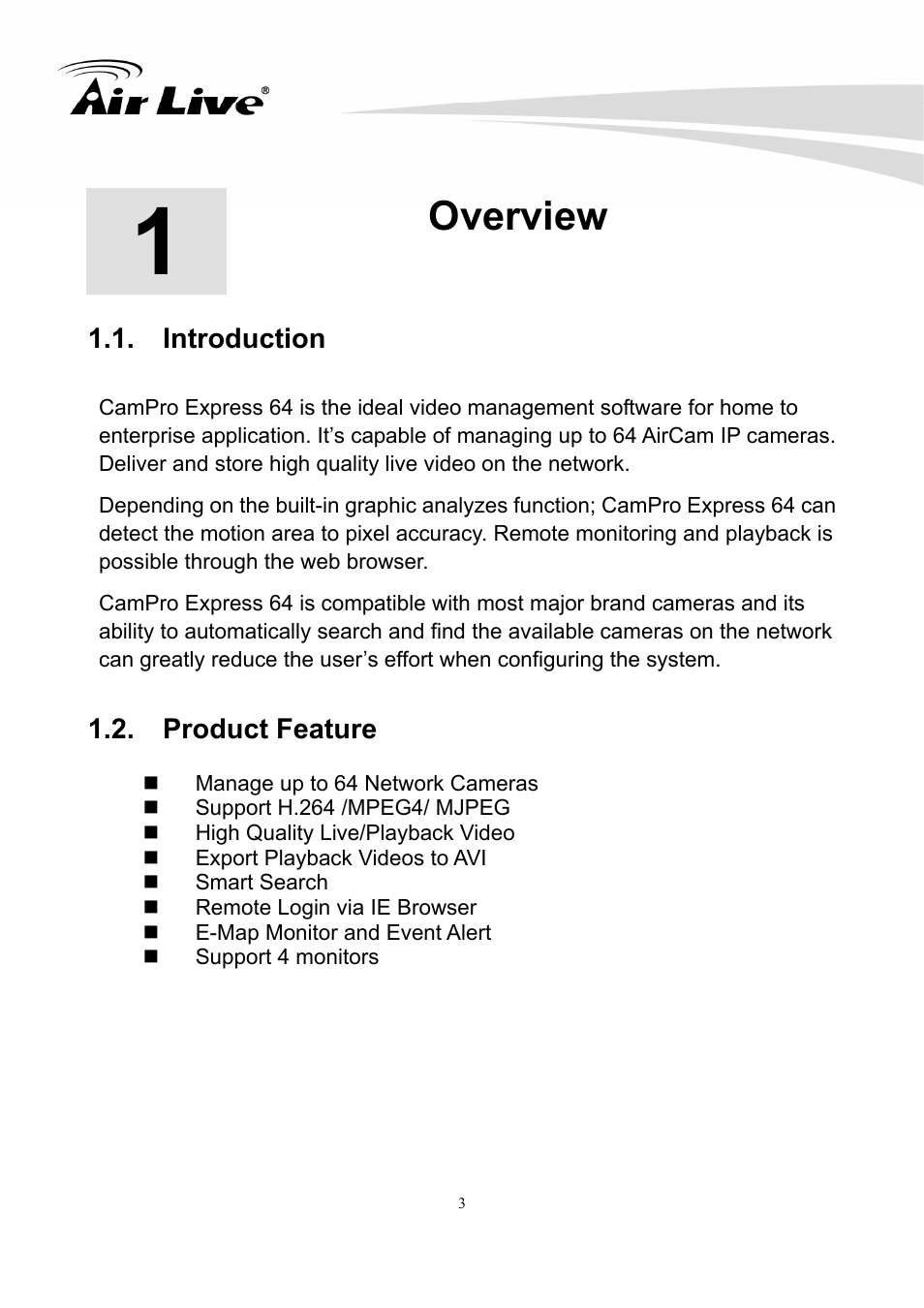 Overview, Introduction, Product feature | AirLive CamPro Express 64 User Manual | Page 4 / 68
