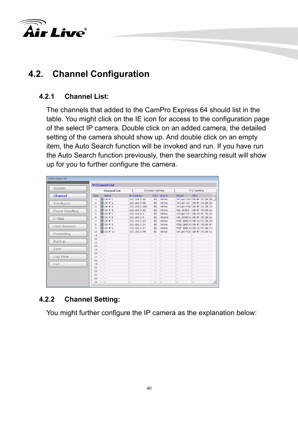 Channel configuration | AirLive CamPro Express 64 User Manual | Page 41 / 68