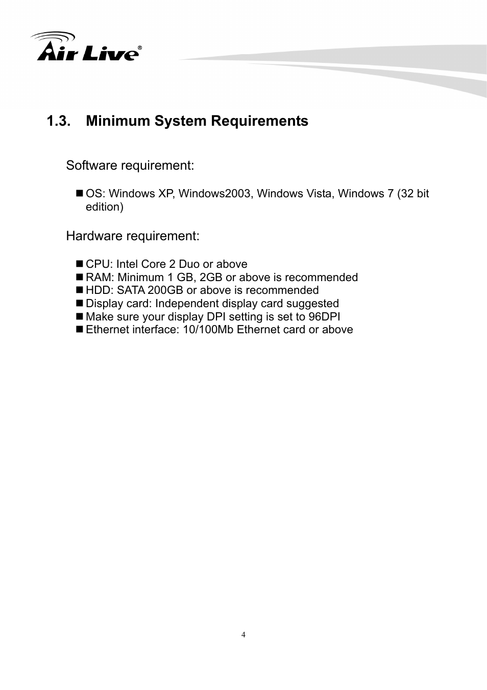 Minimum system requirements | AirLive CamPro Express 64 User Manual | Page 5 / 68