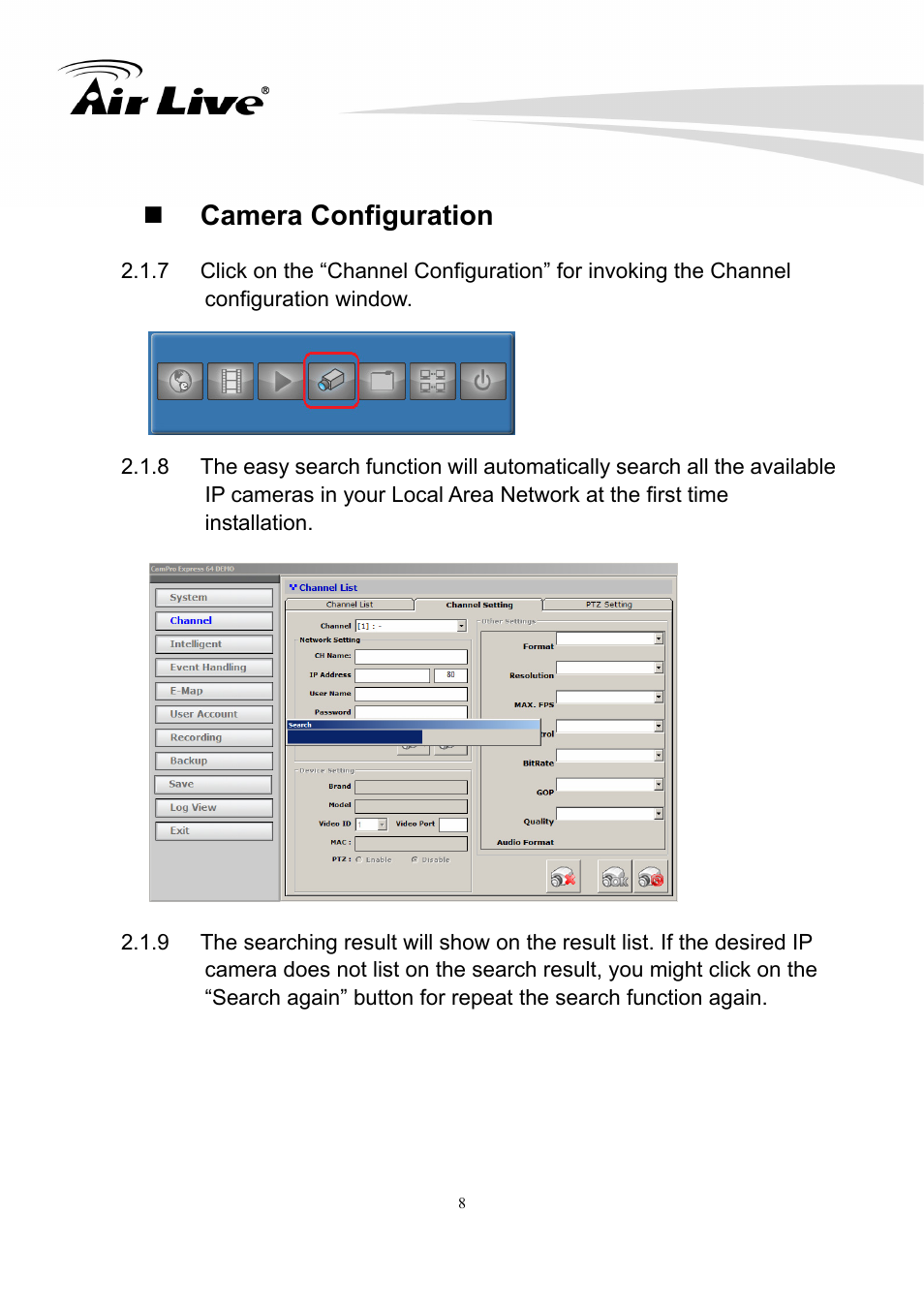 Camera configuration | AirLive CamPro Express 64 User Manual | Page 9 / 68